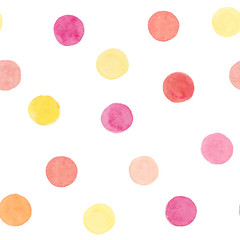 Watercolor hand drawn  polka dots seamless pattern in peach color with pink, yellow, orange circles on white background