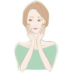 美容　ショートカットの女性　顔を触って微笑む