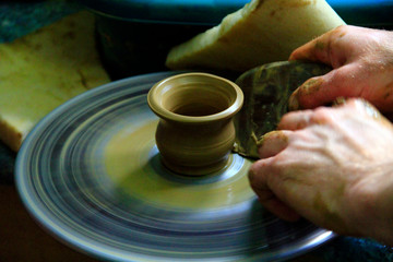 Pottery making process. Ceramic from clay. Potter in work. Art of pottery