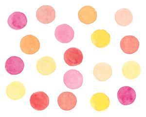 Watercolor hand drawn colorful dots set with pink, yellow, orange circles on white background