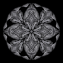 Vintage white and black winter round pattern with pinstriping elements. Vector round  print.