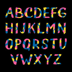 Vector hand drawn art font. Colorful alphabet on black background. Decorative typeface. Letters for your design. Vector font set.