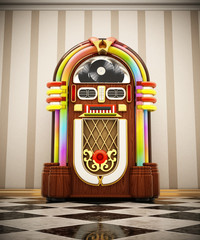 Jukebox standing on checkers ground next to the wall. 3D illustration
