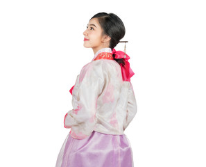Korean Woman with Hanbok, the traditional Korean dress in white background with clipping path.