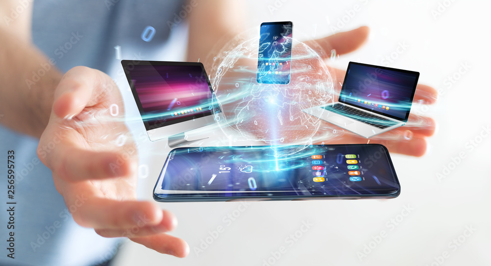 Poster modern devices connected in businessman hand 3d rendering