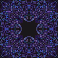 Bandana. Classic pattern with elements of pinstriping. Blue background. Vector print square.