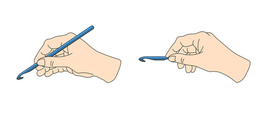 Correct position crochet hook in hand. Knitting vector illustration