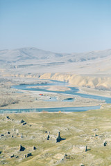 Rivers and mountains on beautiful views in Gori. Nature of Georgia on the panorama.