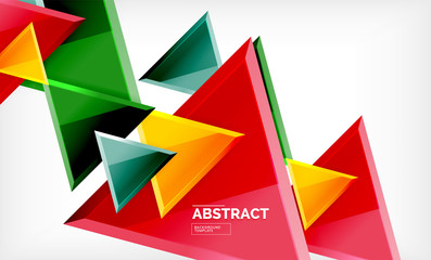 Triangles repetiton geometric abstract background, multicolored glossy triangular shapes, hi-tech poster cover design or web presentation template with copy space