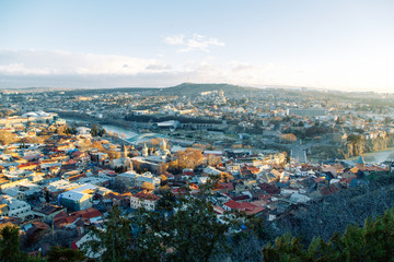 Panoramas of Sighnaghi and Tbilisi at a glance. Beautiful city at dawn.