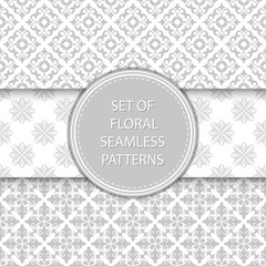 Gray and white floral seamless patterns. Compilation of designs with flowers