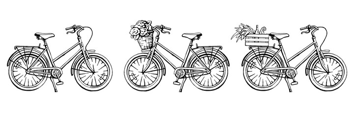 Set of three black and white hand drawn illustration of bicycle 