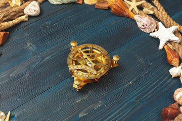 Nautical background. Sailing rope with a compass