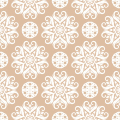 Floral seamless background. White flower pattern on beige backdrop
