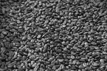 Coffee beans background top view. Close Up. black and white