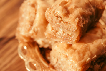 Turkish dessert baklava on wooden table