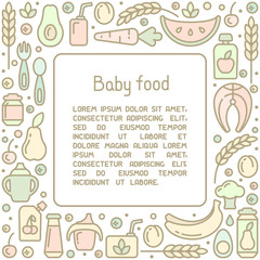 Square frame concept with baby food elements and sample text. Flat style vector illustration