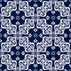 Floral seamless background. Pattern with white flowers on dark blue backdrop