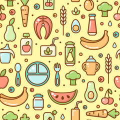 Seamless pattern with baby food flat elements. Suitable for wallpaper, wrapping or textile