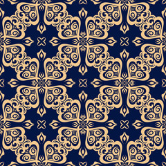  Floral seamless pattern. Golden design on dark blue background