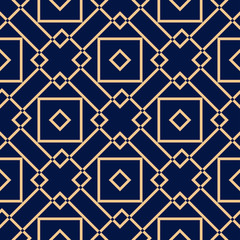  Geometric square print. Golden pattern on dark blue seamless background