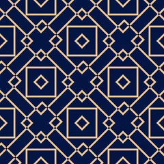 Naadloos Fotobehang Airtex Donkerblauw Geometrische vierkante print. Gouden patroon op donkerblauwe naadloze achtergrond