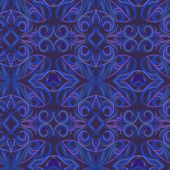 Seamless cyan pattern with elements of pinstriping. Classic ethnic ornament, vector clipart.