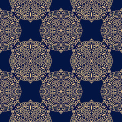 Indian seamless pattern. Golden design on dark blue background