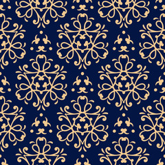 Abstract seamless background. Dark blue backdrop with golden pattern