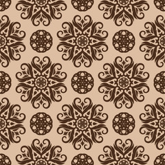 Brown floral seamless pattern on beige background