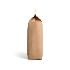Brown craft paper bag packaging template with stitch sewing isolated on white background. Packaging...