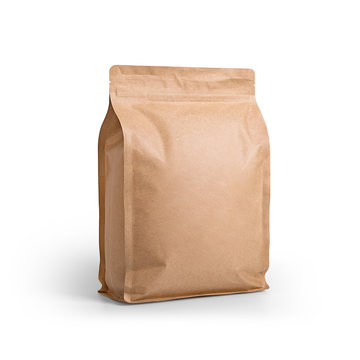 Brown Craft Paper Bag Packaging Template Isolated On White Background. Packaging Template Mockup Collection. With Clipping Path Included. Stand-up Pouch Half Side View Package