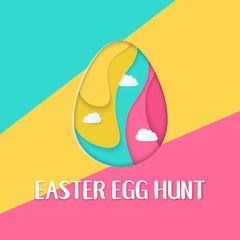 Easter Egg Hunt banner with a lettering and clouds. Layered Paper cut Eggs. Cute geometric holidays colorful backdrop. Cheerful easter card, sale banner, voucher, article, web.