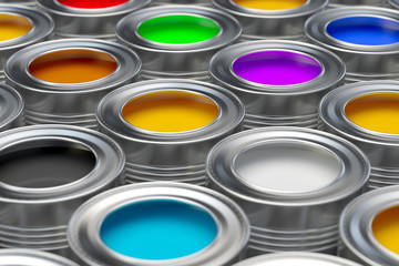 Tin cans with paint concept. 3d Illustration