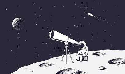astronaut looks through the telescope to universe - 256602900