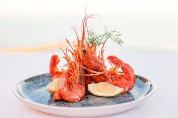 Shrimps on a plate on a white background