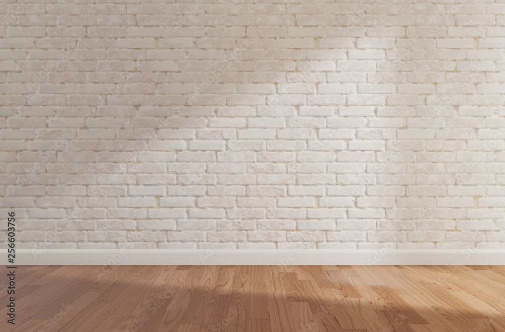 Wall mural white brick wall and wooden floor, mock up,copy space,3d rendering