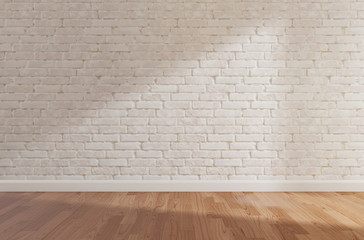 White brick wall and wooden floor, mock up,copy space,3d rendering