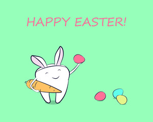 Smiling cartoon tooth with colorful Easter eggs, carrot and in a costume with bunny ears. Festive greeting with Easter holidays in dentistry.