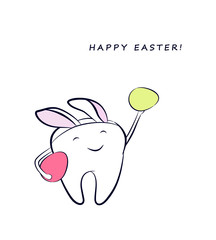 Smiling cartoon tooth with colorful Easter eggs and in a costume with bunny ears. Festive greeting with Easter holidays in dentistry. - 256604119
