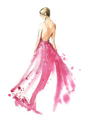 Young woman wearing long evening dress, bride. Watercolor illustration - 256604137