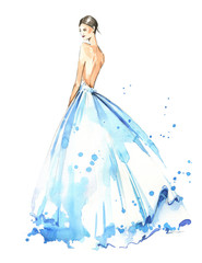 Young woman wearing long evening dress, bride. Watercolor illustration