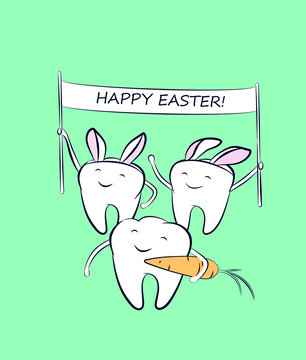 Smiling cartoon teeth in a costume with bunny ears and with a banner in their hands. Festive characters for greeting with Easter holidays in dentistry.