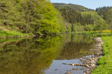 The river Ourthe near Maboge in the Ardennes, Belgium during spring