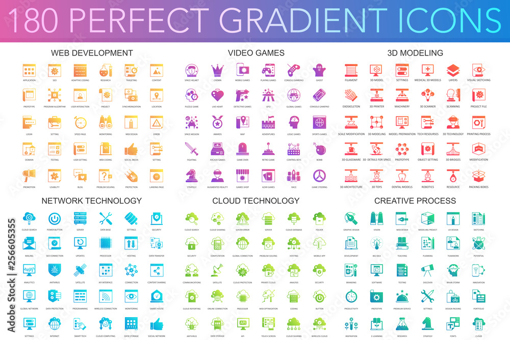 Poster 180 trendy perfect gradient icons set of web development, video games, 3d modeling, network technology, cloud data technology, creative process.