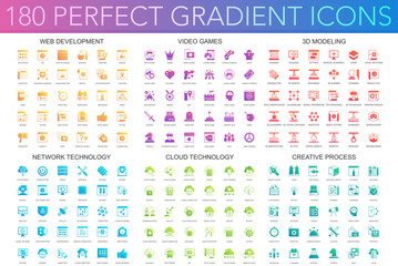 180 trendy perfect gradient icons set of web development, video games, 3d modeling, network technology, cloud data technology, creative process.