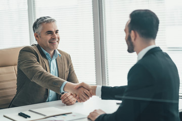 The two happy businessmen handshaking over the glass in the office