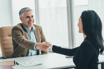 The two business people handshaking at the office table