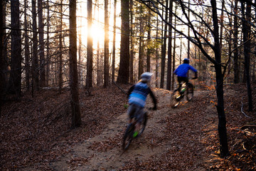 Mountainbikers rides in autumn forest