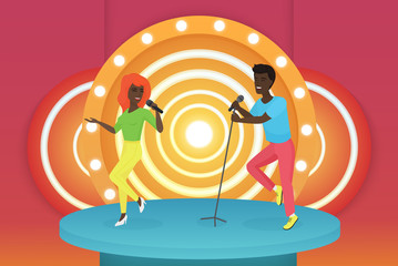 Black African American young smiling singer couple dancing and performing on the bright stage. Colourful vector illustrarion.